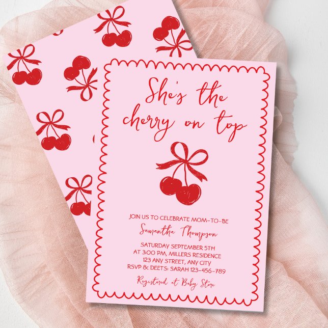 Cherry auf der Niedlichen Hand gezogene Babymädche Einladung (Cherry On Top Cute Hand Drawn Baby Girl Shower Invitation)