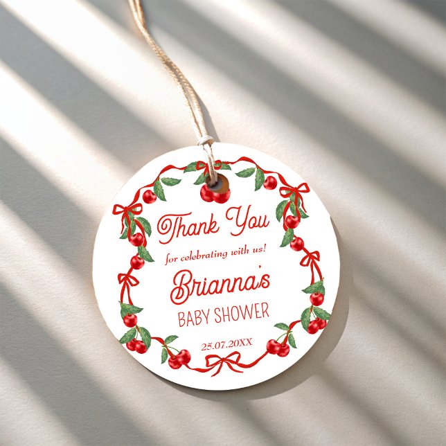 Cherry auf der oberen Bänder Babydusche Gefallen Geschenkanhänger (Cherry on top red ribbon cherry  baby shower favors personalized favor tags)
