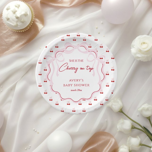 Cherry auf der rosa Bow Red Baby Girl Dusche Pappteller (Von Creator hochgeladen)