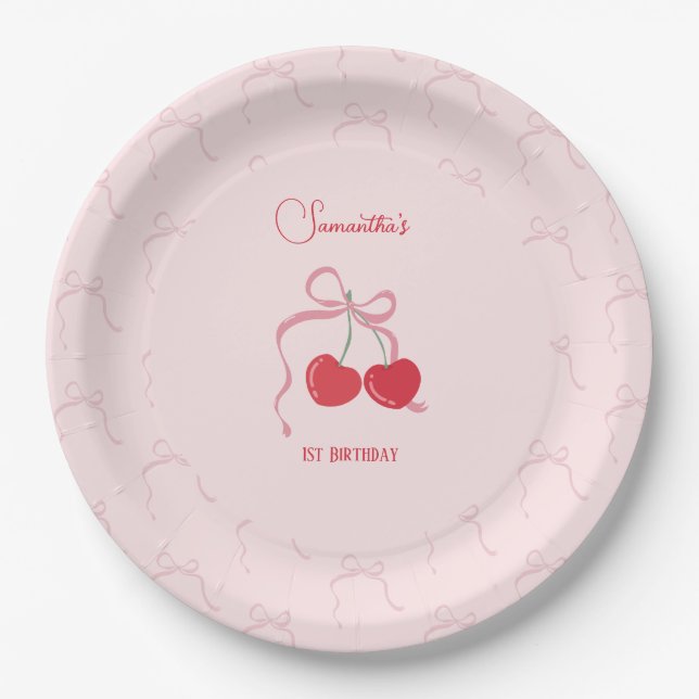 Cherry auf der Spitze rosa Bow Geburtstag Pappteller (Vorderseite)