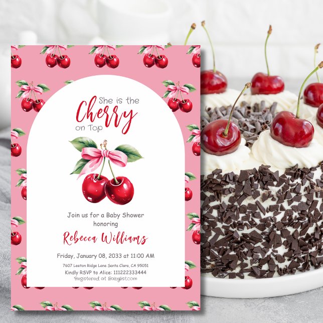 Cherry auf der Top Arch Pink Bow Girl Baby Dusche Einladung (Von Creator hochgeladen)