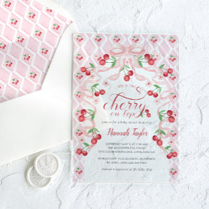 Cherry auf der Top Pink Bow Baby Dusche Acryleinladungen