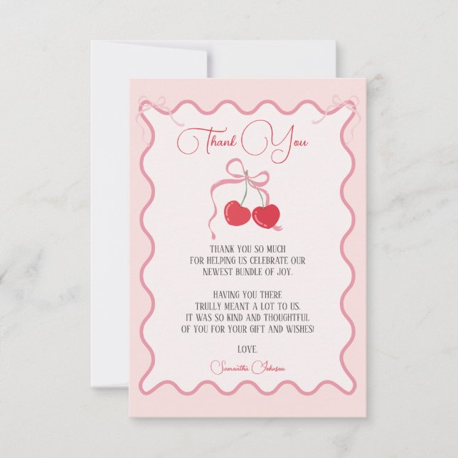 Cherry auf der Top Pink Bow Baby Dusche Dankeskarte (Vorderseite)