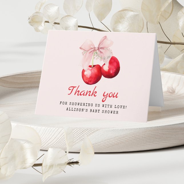 Cherry auf der Top Pink Bow Baby Dusche Dankeskarte (Swet Cherry on top Thank you Card)