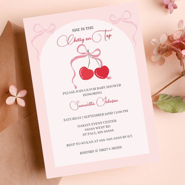 Cherry auf der Top Pink Bow Baby Dusche Einladung (Invitation)