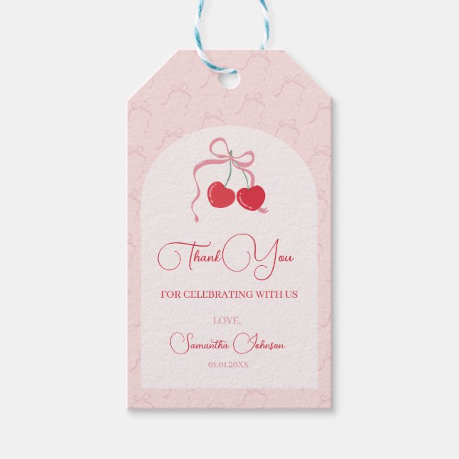 Cherry auf der Top Pink Bow Baby Dusche Geschenkanhänger (Vorderseite)