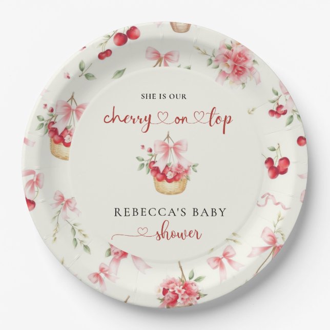 Cherry auf der Top Pink Bow Baby Dusche Pappteller (Vorderseite)