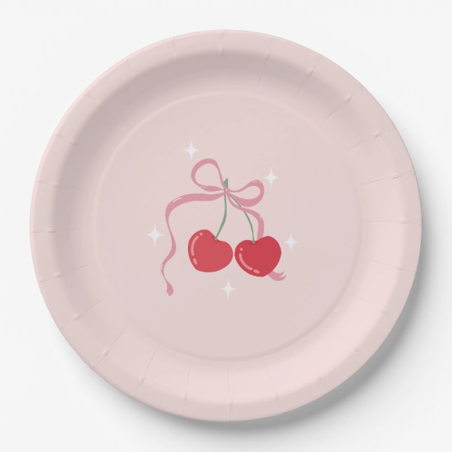 Cherry auf der Top Pink Bow Baby Dusche Pappteller (Vorderseite)
