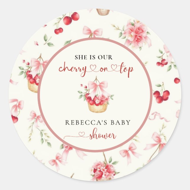 Cherry auf der Top Pink Bow Baby Dusche Runder Aufkleber (Vorderseite)