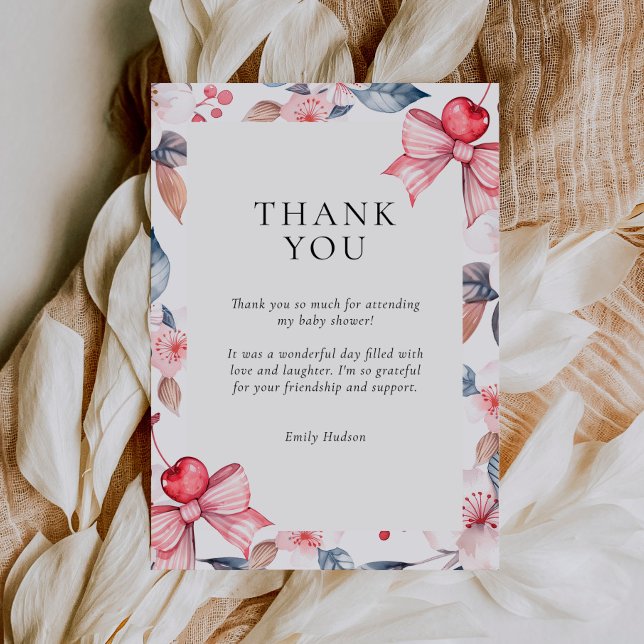 Cherry auf der Top Pink Bow Coquette Babydusche Dankeskarte (Von Creator hochgeladen)