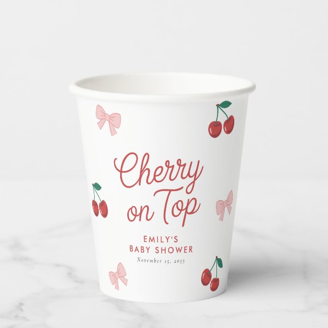 Cherry auf der Top Pink Bow Coquette Babydusche Pappbecher (Vorderseite)