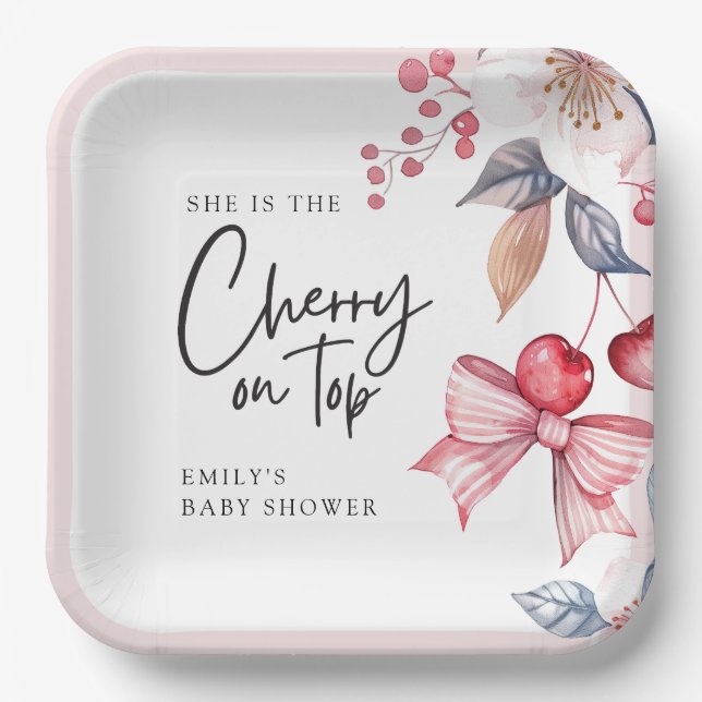 Cherry auf der Top Pink Bow Coquette Babydusche Pappteller (Vorderseite)