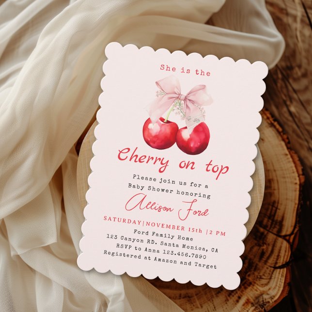 Cherry auf der Top Pink Bow Girl Baby Dusche Einladung (Von Creator hochgeladen)
