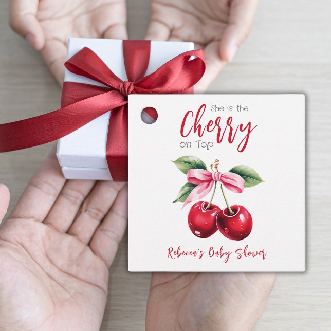 Cherry auf der Top Pink Bow Girl Baby Dusche Geschenkanhänger (Von Creator hochgeladen)