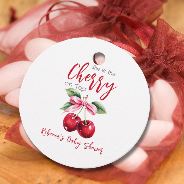 Cherry auf der Top Pink Bow Girl Baby Dusche Geschenkanhänger (Von Creator hochgeladen)
