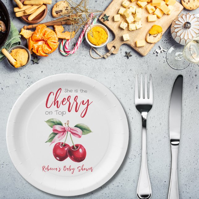 Cherry auf der Top Pink Bow Girl Baby Dusche Pappteller (Von Creator hochgeladen)