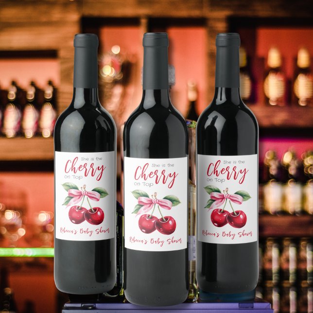 Cherry auf der Top Pink Bow Girl Baby Dusche Weinetikett (Von Creator hochgeladen)
