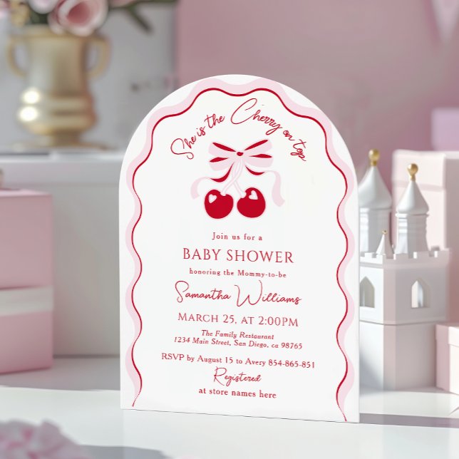 Cherry auf der Top Pink Bow Red Baby Girl Dusche I Einladung (Von Creator hochgeladen)