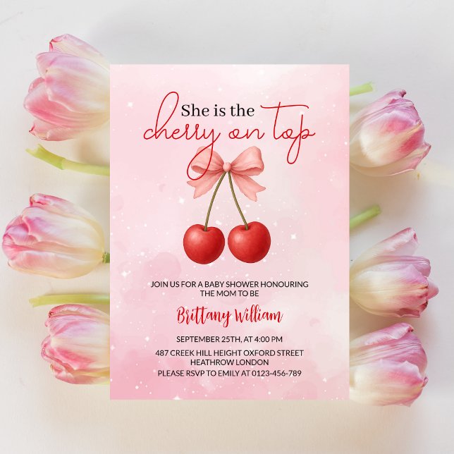 Cherry auf der Top Pink Girl Babydusche Einladung (Von Creator hochgeladen)