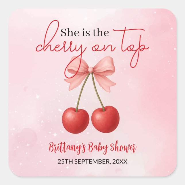 Cherry auf der Top Pink Girl Babydusche Quadratischer Aufkleber (Vorderseite)