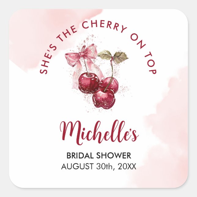 Cherry auf Top Bow Cocktail Summer Brautparty Quadratischer Aufkleber (Vorderseite)