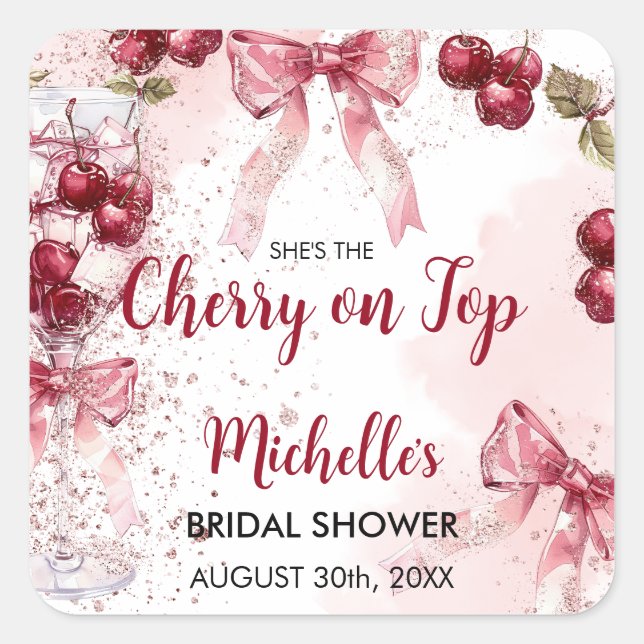 Cherry auf Top Bow Cocktail Summer Brautparty Quadratischer Aufkleber (Vorderseite)