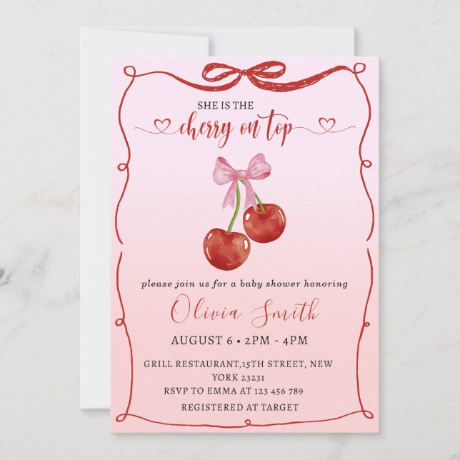 Cherry auf Top Coquette Bow Cherry Girl Baby Dusch Einladung (Vorderseite)