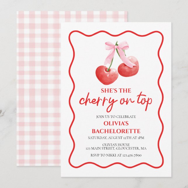 Cherry auf Top coquette Junggeselinnen-Abschied Einladung (Vorne/Hinten)