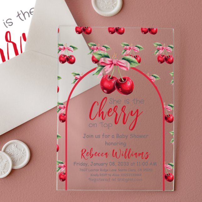 Cherry auf Top Coquette Pink Bow Girl Babydusche Acryleinladungen (Von Creator hochgeladen)