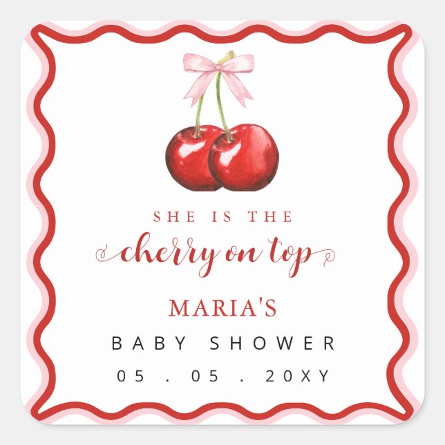 Cherry auf Top Coquette Pink Bow Girl Babydusche Quadratischer Aufkleber (Vorderseite)