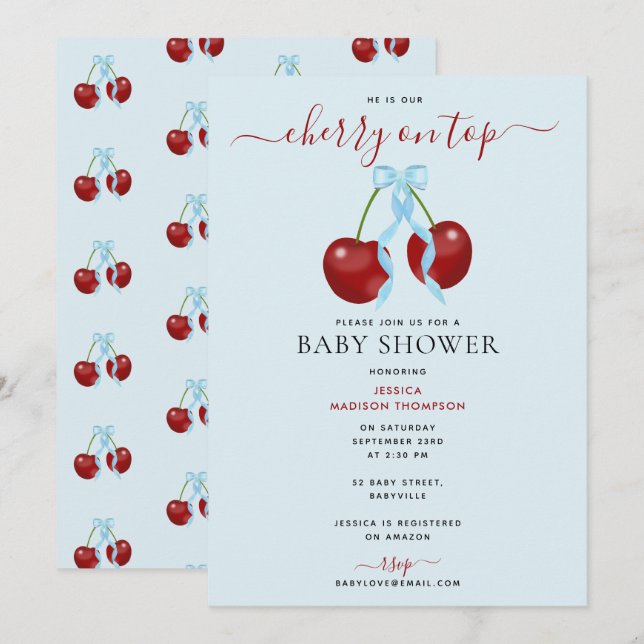 Cherry auf Top-moderne Babydusche Blue Bow Bow Einladung (Vorne/Hinten)