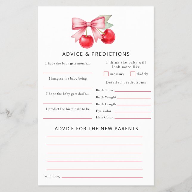 Cherry Baby Shower Advice & Predictions Card Flyer (Vorne)