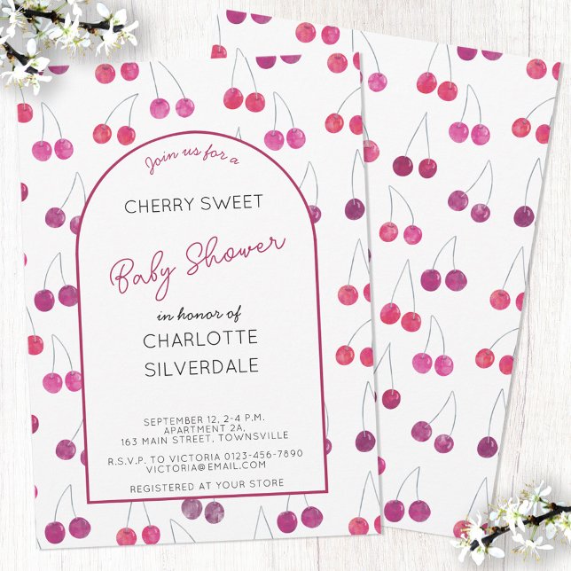 Cherry Baby Shower Einladung (Pretty watercolor cherry pattern personalized custom text baby shower invitation)