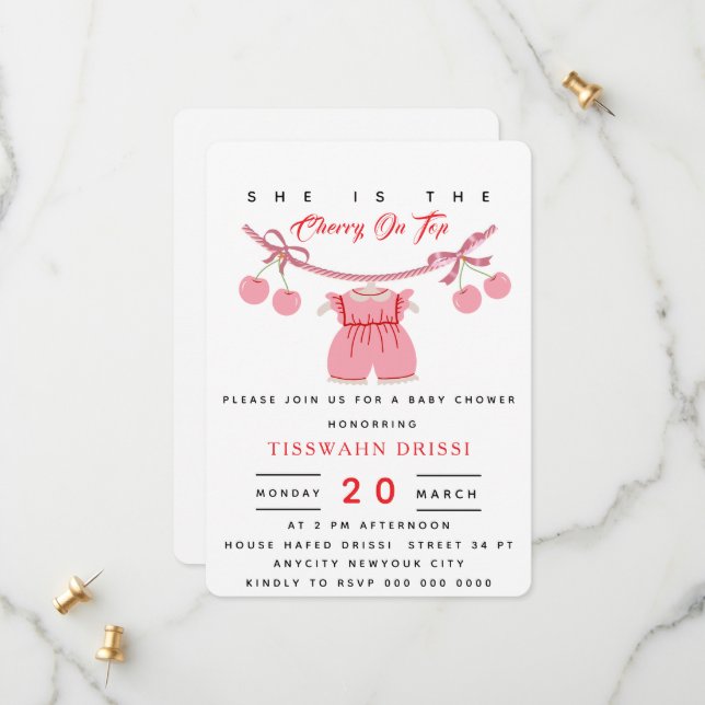 Cherry Baby Shower Einladung Kirsche auf oberster  (Vorderseite/Rückseite Beispiel)