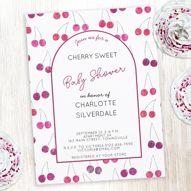 Cherry Baby Shower Einladung Postkarte (Watercolor cherry sweet personalized custom text baby shower invitation)