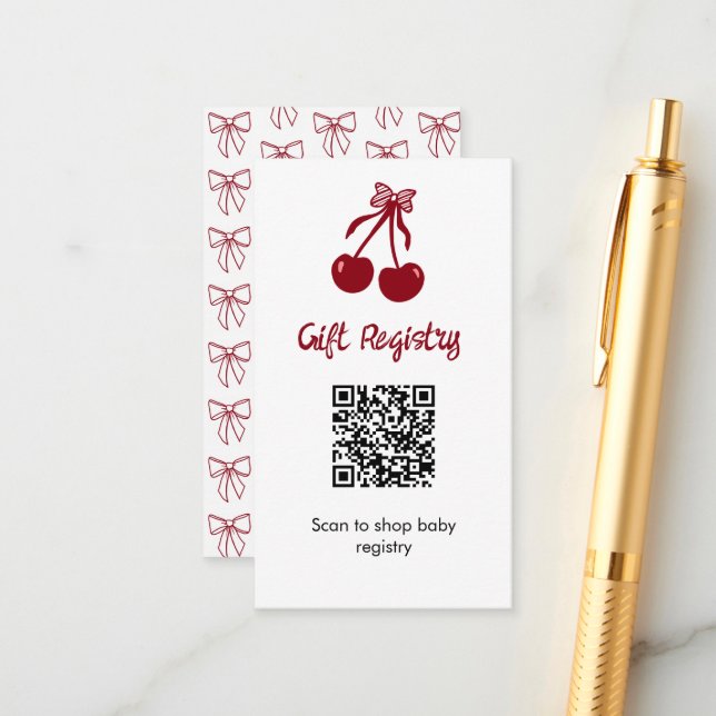 Cherry Baby Shower Gift Registry QR Code Sweet Bow Begleitkarte (Vorderseite/Rückseite Beispiel)