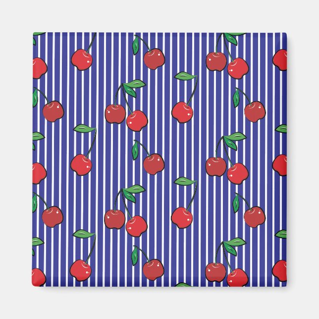 Cherry Berries Red Pattern Modernes Retro Blue Fun Magnet (Vorne)