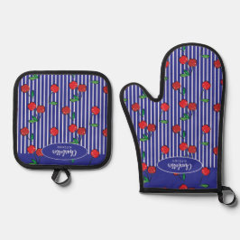 Cherry Berries Red Pattern Modernes Schönes Blau Ofenhandschuh & Topflappen-Set