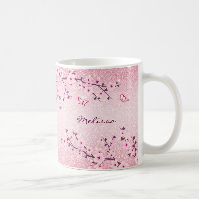 Cherry Bllossoms Rosa Glitzer Monogram Kaffeetasse (Rechts)