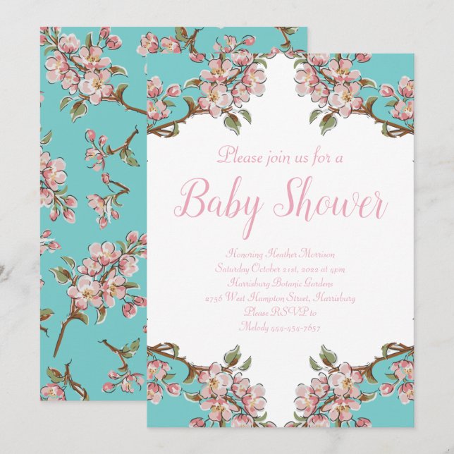 Cherry Blossom Aquamarin Retro Vintag Baby Dusche Einladung (Vorne/Hinten)