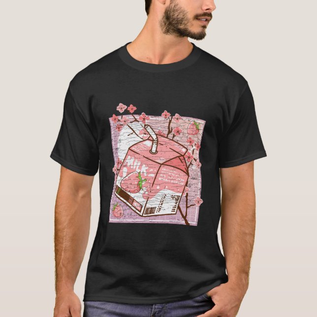 Cherry Blossom Ästhetische Strawberry Milk Kawaii T-Shirt (Vorderseite)
