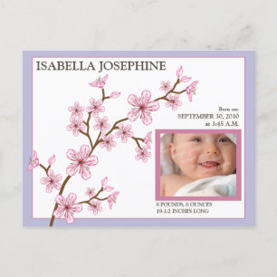 Cherry Blossom Baby Girl Geburtsankündigung: lila Ankündigungspostkarte