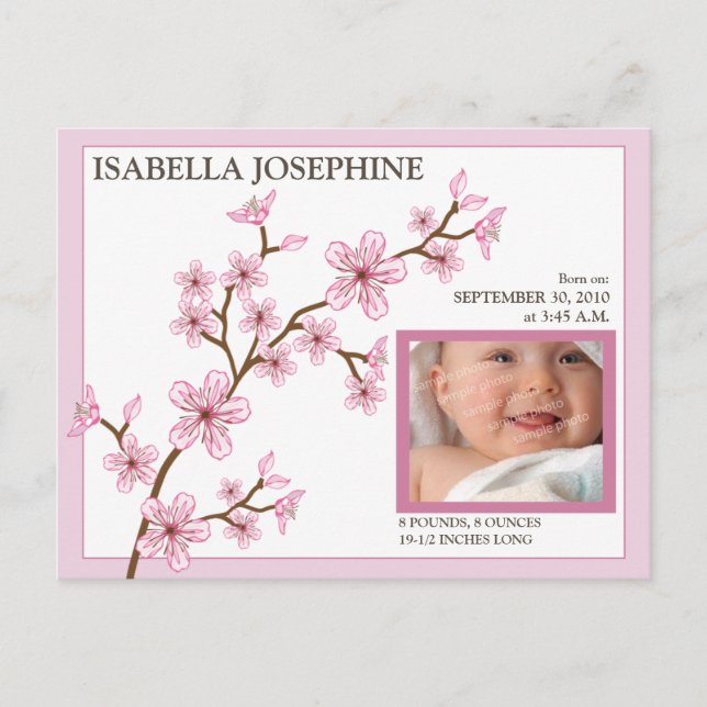Cherry Blossom Baby Girl Geburtsankündigung: pink Ankündigungspostkarte (Vorderseite)