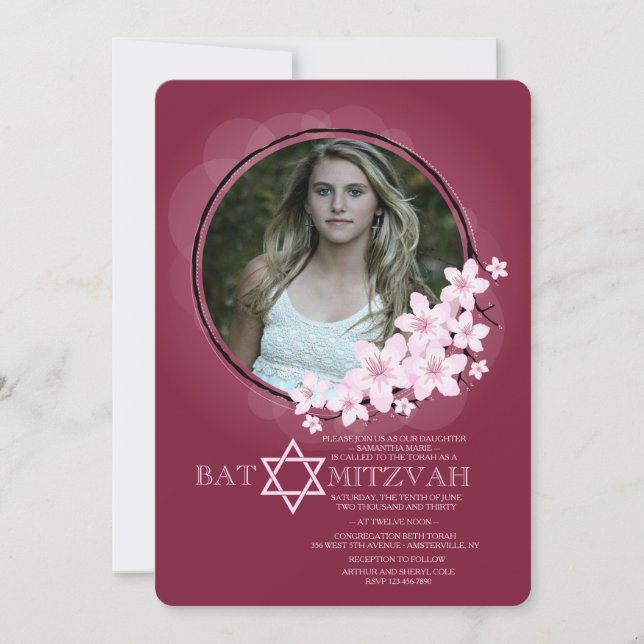 Cherry Blossom Bat mitzvah Photo Invitation (Devant)