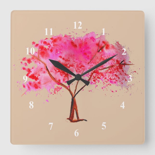 Cherry Blossom Baum Moderne florale Aquarellkunst Quadratische Wanduhr (Vorderseite)