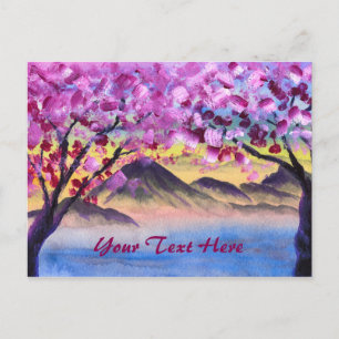 Cherry Blossom Bäume See Dusk Gebirge Landschaft Postkarte