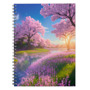 Cherry Blossom Bäume und Flower Riverbank Notizblock