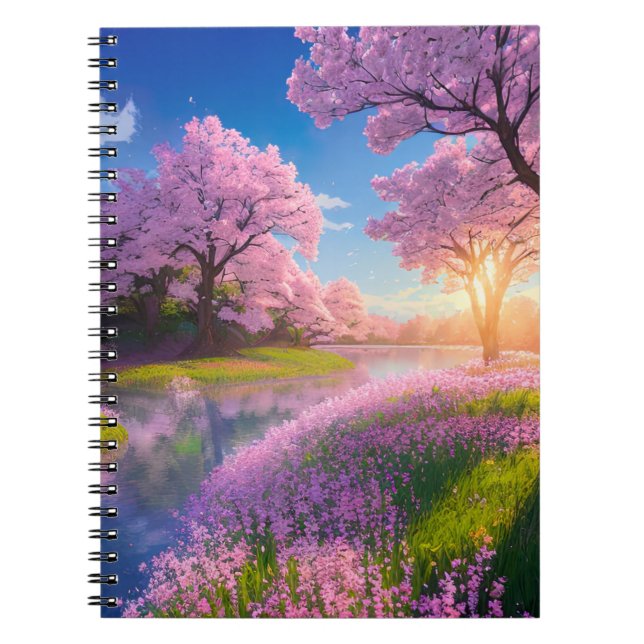 Cherry Blossom Bäume und Flower Riverbank Notizblock (Vorderseite)