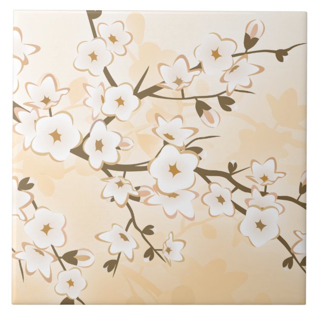 Cherry Blossom Beige Creme Floral Asien Fliese (Vorderseite)