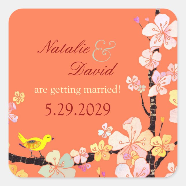 Cherry Blossom Bird Wedding Save the Date Quadratischer Aufkleber (Vorderseite)